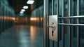 Detailed view of a prison cell door lock with a key inserted, emphasizing security and confinement in a blurred corridor Royalty Free Stock Photo