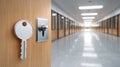 Detailed view of a prison cell door lock with a key inserted, emphasizing security and confinement in a blurred corridor Royalty Free Stock Photo