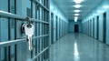 Detailed view of a prison cell door lock with a key inserted, emphasizing security and confinement in a blurred corridor Royalty Free Stock Photo