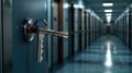Detailed view of a prison cell door lock with a key inserted, emphasizing security and confinement in a blurred corridor Royalty Free Stock Photo