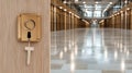 Detailed view of a prison cell door lock with a key inserted, emphasizing security and confinement in a blurred corridor Royalty Free Stock Photo
