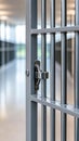 Detailed view of a prison cell door lock with a key inserted, emphasizing security and confinement in a blurred corridor Royalty Free Stock Photo