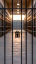 Detailed view of a prison cell door lock with a key inserted, emphasizing security and confinement in a blurred corridor Royalty Free Stock Photo