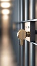 Detailed view of a prison cell door lock with a key inserted, emphasizing security and confinement in a blurred corridor Royalty Free Stock Photo