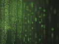 A detailed view of programming code on a dark monitor, featuring green binary digits flickering on a black backdrop