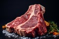 Detailed view raw T bone beef steak resting on a rich navy blue surface