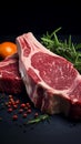 Detailed view raw T bone beef steak resting on a rich navy blue surface