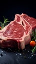 Detailed view raw T bone beef steak resting on a rich navy blue surface