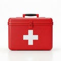 A detailed view of a red first aid kit with a white cross on the lid. isolated on white background Royalty Free Stock Photo