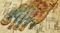 A detailed view of a reflexology chart with each point on the foot corresponding to different and systems in the body