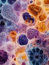 A detailed view reveals the intricate patterns and vivid colors of various cells and structures observed microscopically