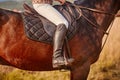 Detailed view of the rider`s shoes and costume with spurs and stirrups, saddle and harness Royalty Free Stock Photo