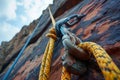 A detailed view of a rope securely fastened to a rugged rock face, A dramatic view from the top of a rock climbing wall, ropes and