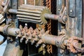 Detailed view of rusty gears from old woodworking machinery Royalty Free Stock Photo