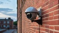 Detailed view of a security camera mounted on the exterior wall of a brick building Royalty Free Stock Photo