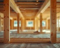 Timber Beam Construction Framework, Detailed View of Aligned Beams and Structural Details in a New Home Construction Project