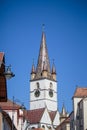 Detailed view of the sibiu lutheran cathedral with colorful tiles Royalty Free Stock Photo