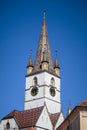 Detailed view of the sibiu lutheran cathedral tower. Royalty Free Stock Photo