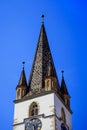 Detailed view of the sibiu lutheran cathedral tower. Royalty Free Stock Photo