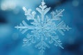 A detailed view of a single snowflake against a vibrant blue background, An icy and frosty texture of a snowflake, AI Generated