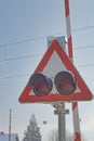 Snow-Capped Railway Crossing Sign in Dugo Selo, Croatia