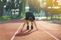 Detailed view of a sprinter getting ready to start. Selective focus. Royalty Free Stock Photo