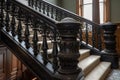 detailed view of a staircase with intricate handrails and banisters