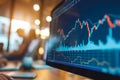 A detailed view of a stock market analysis graph on a computer monitor in a busy office environment during trading hours