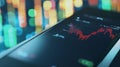 A detailed view of a stock market app on a smartphone, displaying real-time investment data and stock prices. The image is styled