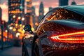 A detailed view of the tail lights of a car, showcasing their design and illumination, A sports car with a city skyline reflected Royalty Free Stock Photo