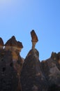 Detailed view top of the famous Fairy Chimneys or Multihead stone mushrooms in Pasaba Valley near Goreme. Blue sky background. Royalty Free Stock Photo