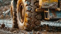 Detailed view of a tractor tire navigating the rough terrain of a muddy road on a construction site