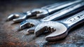Detailed view of various metal adjustable and open-end wrenches arranged on a rustic surface showcasing workshop tools and repair Royalty Free Stock Photo