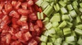 A detailed view of various vegetables including carrots, bell peppers, and onions that have been finely chopped on a Royalty Free Stock Photo
