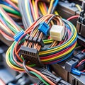 A detailed view of a vehicle\'s wiring harness,