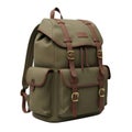 Classic olive green canvas backpack with brown leather straps isolated on white background Royalty Free Stock Photo