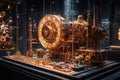 Detailed view of a vintage mechanical engine displayed in a modern exhibit illuminated by soft lighting, capturing