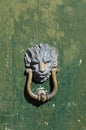 Detailed view vintage metal door knocker in the form of a lion's head on an old green chipped paint wooden door Royalty Free Stock Photo