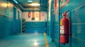 Detailed view of a wall mounted fire extinguisher in a classroom, highlighting safety labels Royalty Free Stock Photo