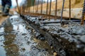 Detailed view of wet concrete being spread on a rebar framework, illustrating the foundational phase of construction and