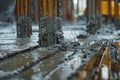 Detailed view of wet concrete being spread on a rebar framework, illustrating the foundational phase of construction and