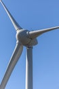 Detailed view of a wind turbine or wind mill, details at the main components: rotor blades, hub, nacelle and generator Royalty Free Stock Photo