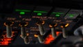 Detailed view of the window heat set of switches in the overhead panel of a large airliner cockpit . Selective focus with