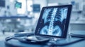 Medical x-ray displayed on a tablet in a healthcare setting during a patient examination Royalty Free Stock Photo