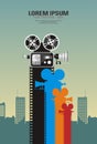 Detailed vintage movie camera with silhouette filmstrips on futuristic cityscape background. Cinema movie festival poster. Cinema