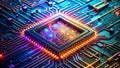A Detailed Visual Exploration of the Microchip\'s Inner Workings with Glowing Circuits and Binary Code Overlay  AI generated Royalty Free Stock Photo