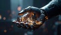 A detailed visualization of a dark futuristic cybernetic arm holding a glowing miniature metropolis representing the powerful Royalty Free Stock Photo