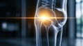 Detailed visualization of a hip joint highlighting orthopedic features in vibrant orange and blue against a dark