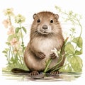 Detailed Watercolor Beaver Artwork With Flora And Fauna