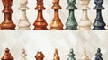 Detailed Watercolor Chess Pieces Seamless Pattern AI Generated